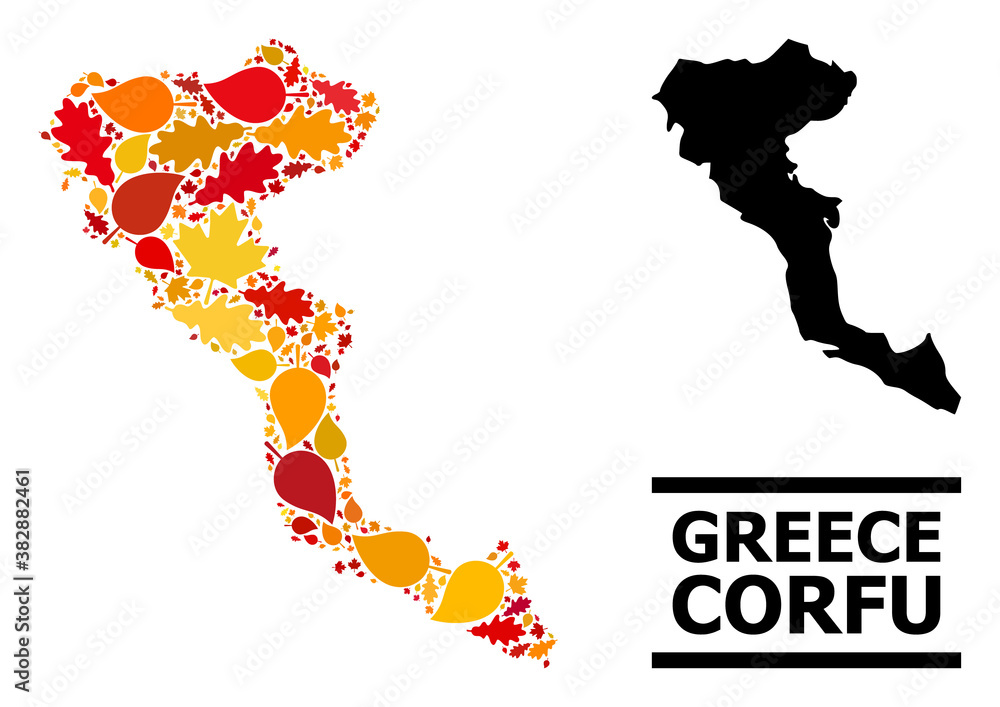 Mosaic autumn leaves and usual map of Corfu Island. Vector map of Corfu Island is done of randomized autumn maple and oak leaves. Abstract territory scheme in bright gold, red, Mosaic autumn leaves and usual map of Corfu Island. Vector map of Corfu Island is done of randomized autumn maple and oak leaves. Abstract territory scheme in bright gold, red,