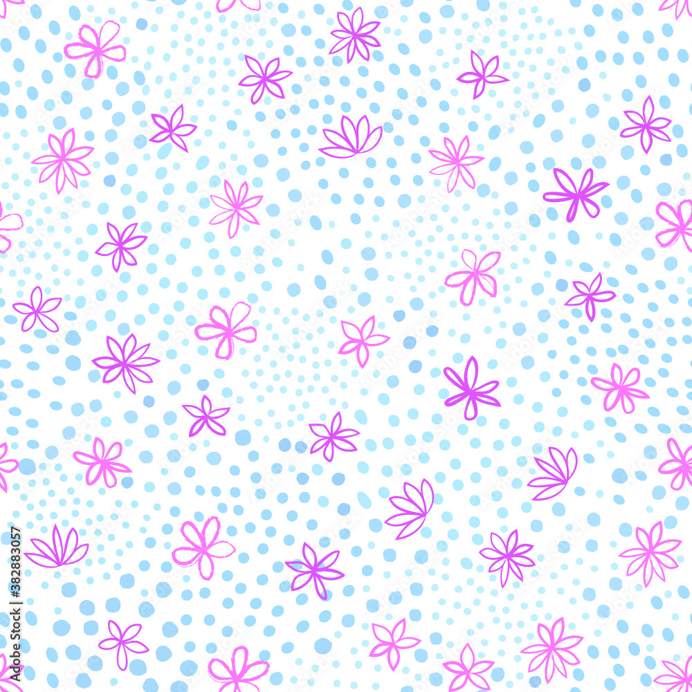 Seamless floral pattern with polka dot ornament. Stylish drawn backdrop with flowers. Abstract scribble textured pattern with flowers ornament. Seamless floral pattern with polka dot ornament. Stylish drawn backdrop with flowers. Abstract scribble textured pattern with flowers ornament.