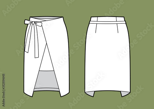 Skirt flat sketch template, modern skirt with straps clasp on rigth side.