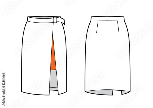 Wrap pencil skirt with belt details. Fashion Illustration, CAD, technical drawing