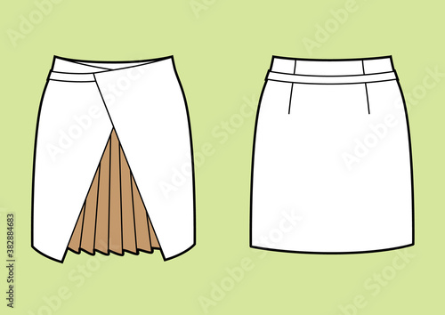 Wrap pencil skirt with pleated insert. Fashion Illustration, CAD, technical drawing