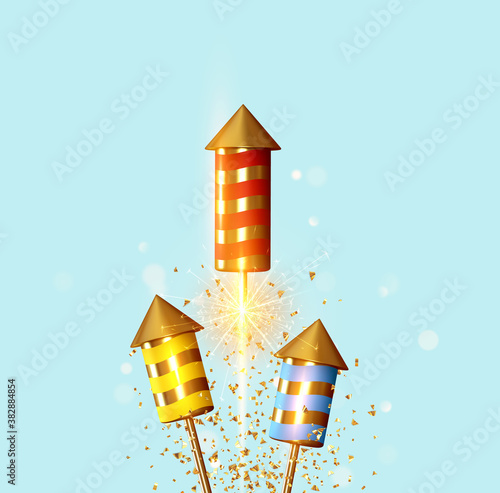 Fireworks set rocket with glitter confetti. Festive light sparkling flash firework. Celebrate Background with firecrackers. Holiday Realistic decoration 3d object. vector illustration