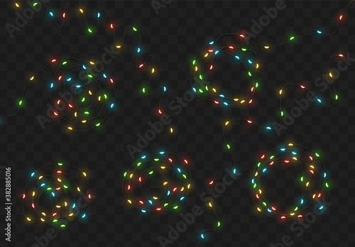 Christmas lights garlands. Festive design elements. Celebrate realistic object. Holiday Xmas Decor drip dew led lamp. New Year light effects isolated. Vector illustration.