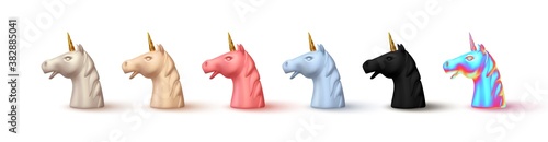 Unicorn head is realistic. Set of Abstract face unicorn 3d object isolated on white background. Vector illustration