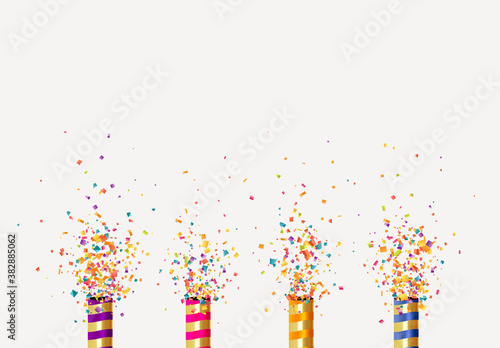 Festive cracker with confetti, glitter, streamer, streamer. Holiday background realistic petard flapper surprise. Celebrate decoration object. vector illustration.