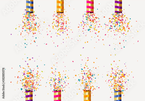 Festive cracker with confetti, glitter, streamer, streamer. Holiday background realistic petard flapper surprise. Celebrate decoration object. vector illustration.