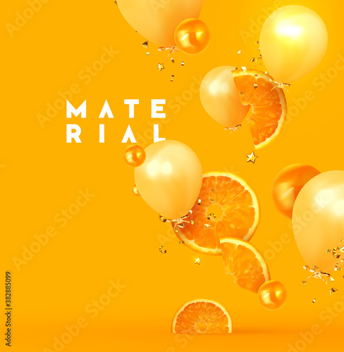 Orange fruit realistic design slices and halves. Background with citrus fruits and beige balloon, gold glitter confetti. Vector illustration