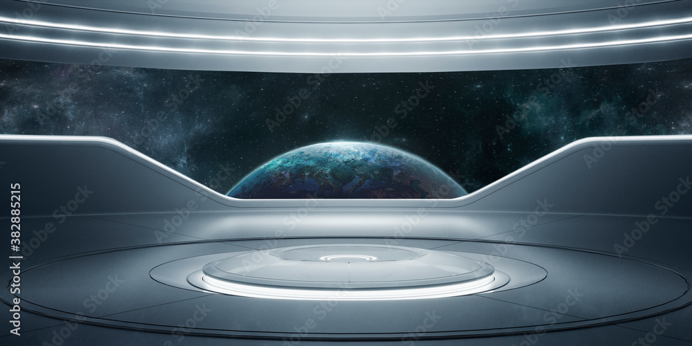 3d rendering Futuristic interior with empty stage. Modern future background. Technology sci-fi hi technology concept. . Galaxy. stars EARTH. Planets .