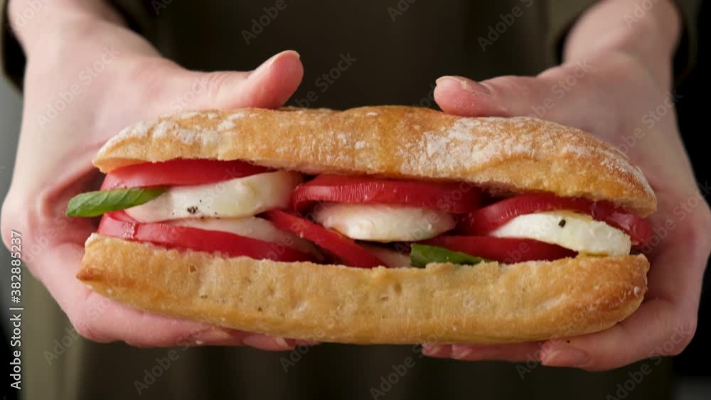 Sandwich with mozzarella tomato and basil in female hands. Big delicious gourmet vegetarian sandwich Sandwich with mozzarella tomato and basil in female hands. Big delicious gourmet vegetarian sandwich