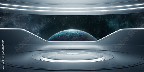 3d rendering Futuristic interior with empty stage. Modern future background. Technology sci-fi hi technology concept. . Galaxy. stars EARTH. Planets .
