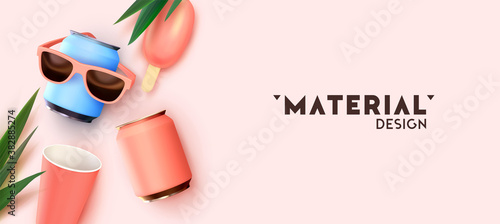 Background mockup for advertising branding summer soft drinks. Realistic 3d objects, iron can, paper cup, ice cream, sun goggles. Template banner, poster, header for website. vector illustration