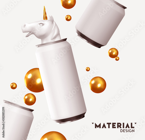 Realistic background design with white aluminum iron can, unicorn head. Abstract composition for advertising presentations, branding of alcoholic, soda, tea energy drink. Object 3d vector illustration
