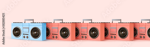 Boombox, audio and music. Pink and blue Modern stylish music receiver. Retro old Realistic 3d object. Party banner, poster, header for website. vector illustration