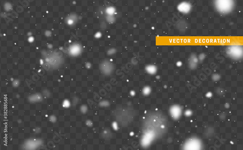 Falling white glare of snow isolated on transparent background. Texture winter snowflakes. Light effect white. vector illustration