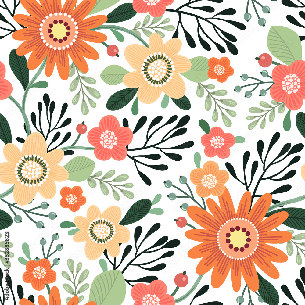 Seamless pattern with flowers. Illustration on a bright background. Design for textiles, souvenirs, fabrics, packaging and greeting cards and more. Seamless pattern with flowers. Illustration on a bright background. Design for textiles, souvenirs, fabrics, packaging and greeting cards and more.