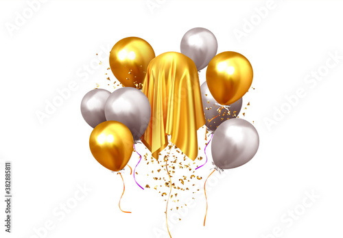 Balloons with confetti and surprise hidden under the cloth. Celebrate background with realistic air helium balloons, silver and gold color. Festive composition. Holiday decorative. vector illustration