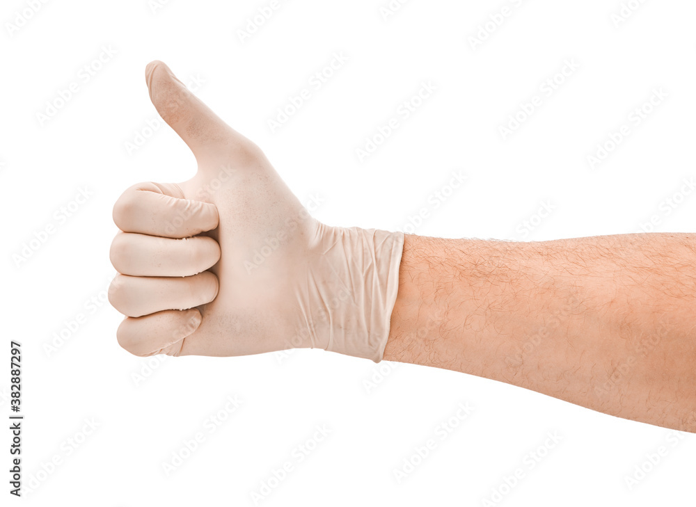 Male hand in white medical glove isolated on white background Male hand in white medical glove isolated on white background