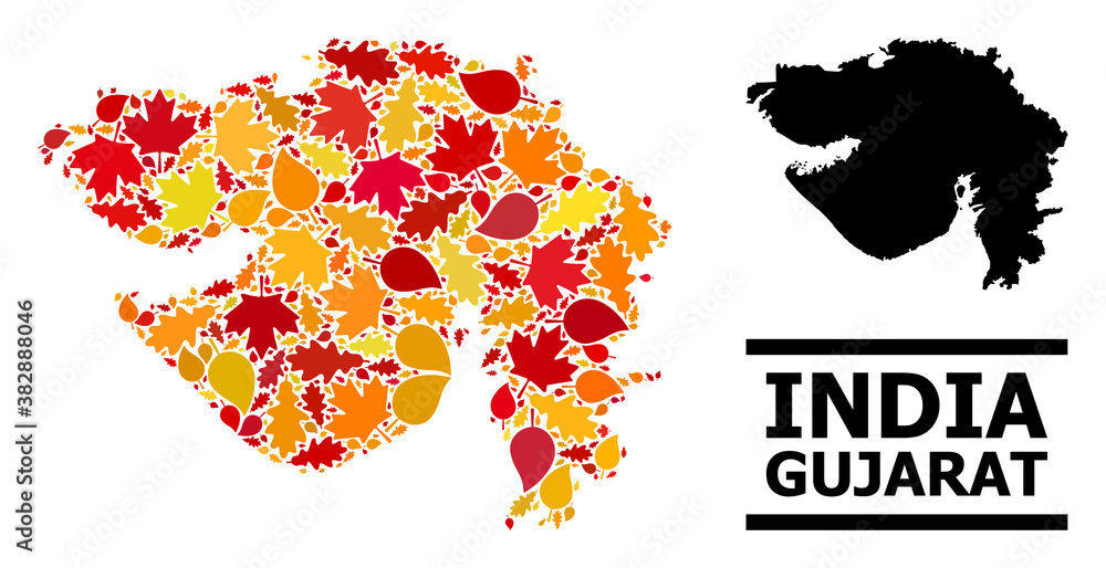 Mosaic autumn leaves and usual map of Gujarat State. Vector map of