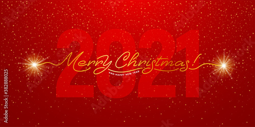Merry Christmas and Happy new Year 2021. Handwritten lettering with realistic sparklers. Red background with big digits 2021. Creative design for christmas and new year greeting. Vector illustration.