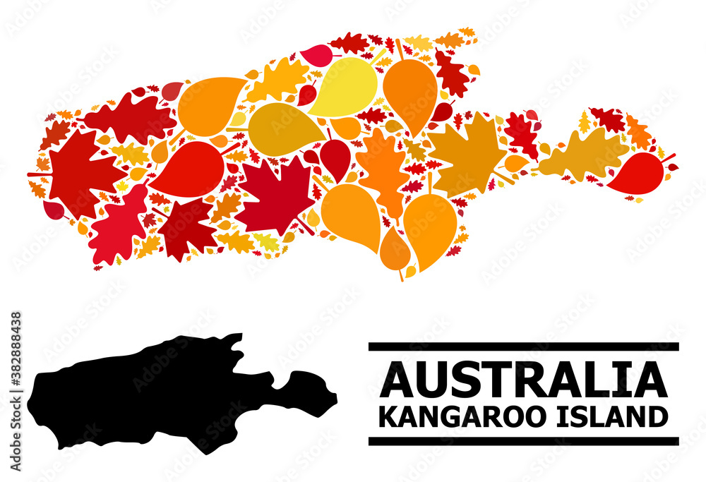 Obraz premium Mosaic autumn leaves and usual map of Kangaroo Island. Vector map of Kangaroo Island is organized from randomized autumn maple and oak leaves. Abstract territory scheme in bright gold, red,