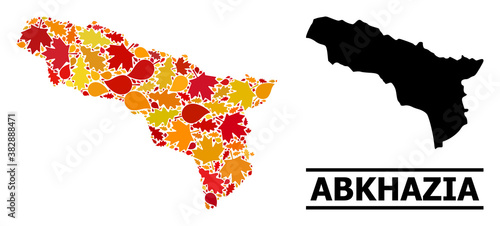 Mosaic autumn leaves and usual map of Abkhazia. Vector map of Abkhazia is created with random autumn maple and oak leaves. Abstract territorial scheme in bright gold, red,