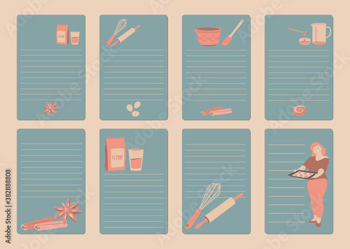 Recipe cards, cookbook blank. Cookbook or shopping list pages. Kitchen tools, cooking girl, rulers for notes. Flat vector illustration