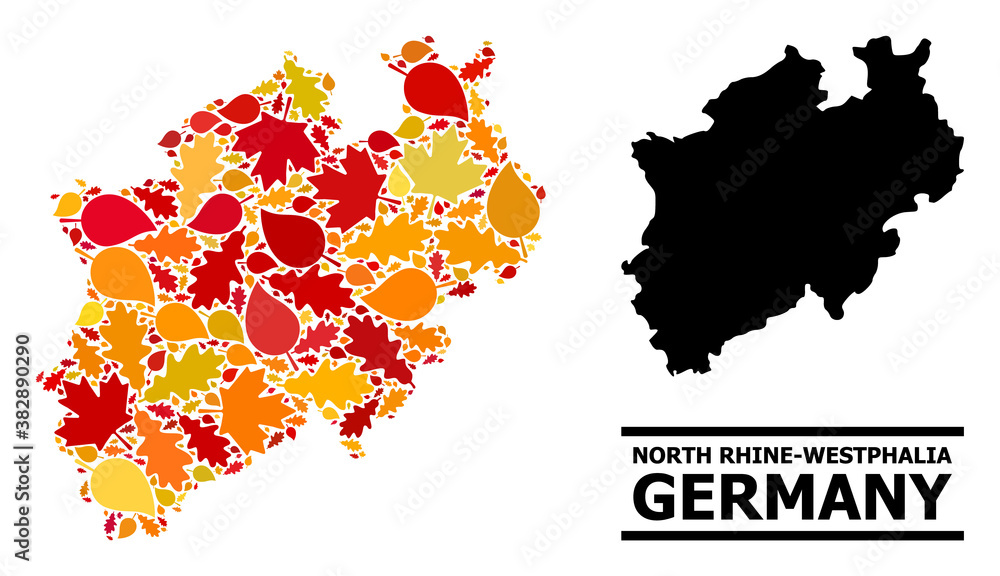Mosaic autumn leaves and solid map of North Rhine-Westphalia State. Vector map of North Rhine-Westphalia State is organized with random autumn maple and oak leaves.