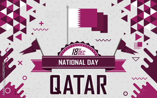 Qatar national day banner with flag of qatar and modern geometric retro abstract design. Purple or violet color theme. Celebration of Qatari people for national day.