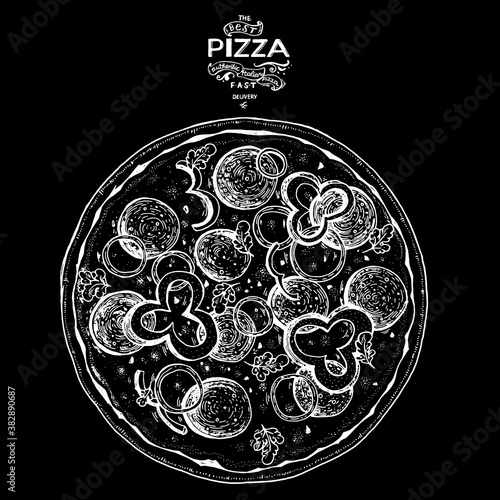 Italian Pizza hand drawn vector illustration. Packaging design template. Sketch illustration.