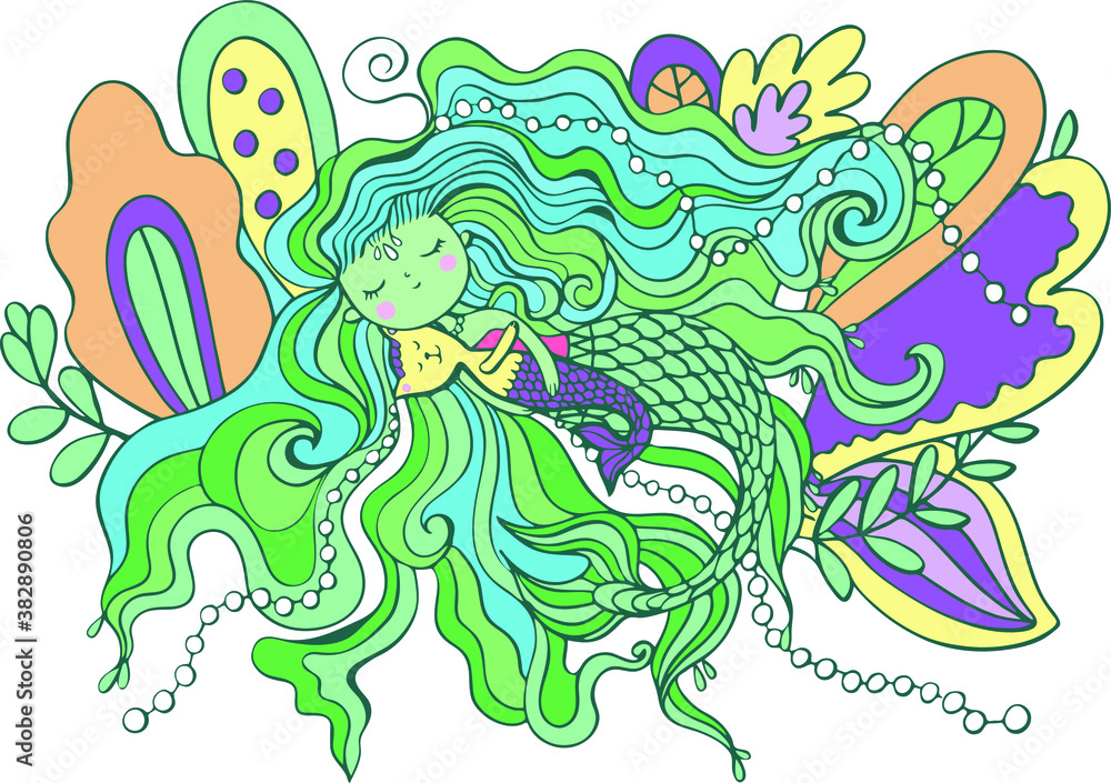 illustration of a mermaid girl swimming under water and hugging a mermaid cat. Hair long, like seaweed. To be used as poster, puzzle, patterns for embroidery