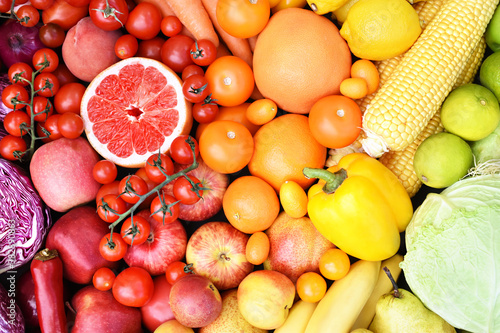 Fresh ripe fruits and vegetables, colorful summer harvest background 