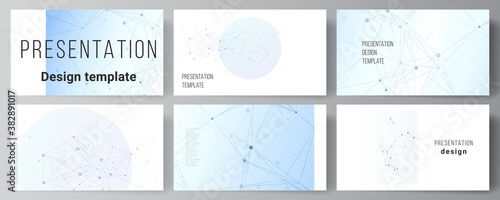 Vector layout of presentation slides design business templates, multipurpose template for presentation brochure, brochure cover, report. Blue medical background with connecting lines and dots, plexus.