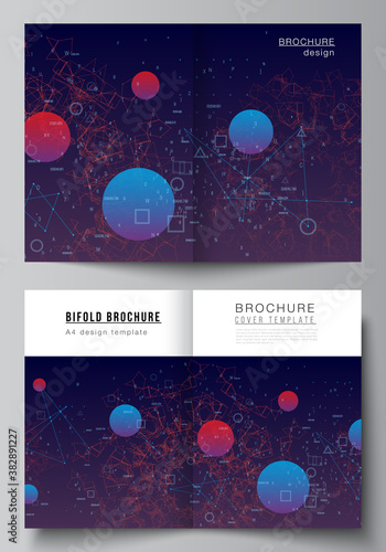 Vector layout of two A4 cover mockups templates for bifold brochure, flyer, magazine, cover design, book design. Artificial intelligence, big data visualization. Quantum computer technology concept.