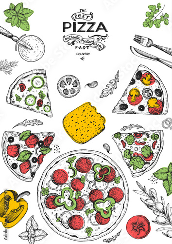 Italian pizza and ingredients top view frame. Italian food menu design template. Vintage hand drawn sketch, vector illustration. Engraved style illustration. Pizza label for menu.