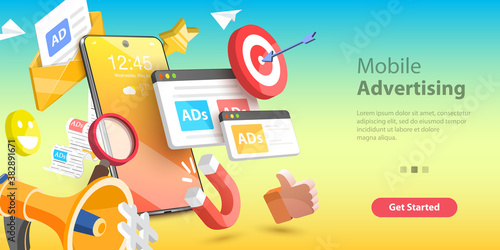 Mobile Advertising, Social Media Campaign, Digital Marketing. 3D Vector Conceptual Illustration. photo