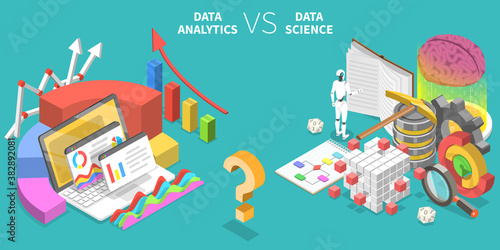 Comparison of Data Analytics and Data Science. 3D Isometric Flat Vector Conceptual Illustration.