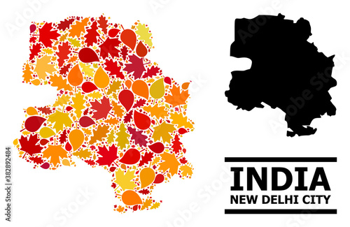 Mosaic autumn leaves and solid map of New Delhi City. Vector map of New Delhi City is formed of random autumn maple and oak leaves. Abstract territorial scheme in bright gold, red,