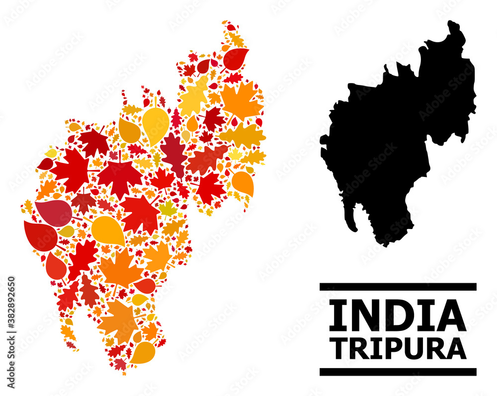 Obraz premium Mosaic autumn leaves and usual map of Tripura State. Vector map of Tripura State is constructed with random autumn maple and oak leaves. Abstract geographic scheme in bright gold, red,