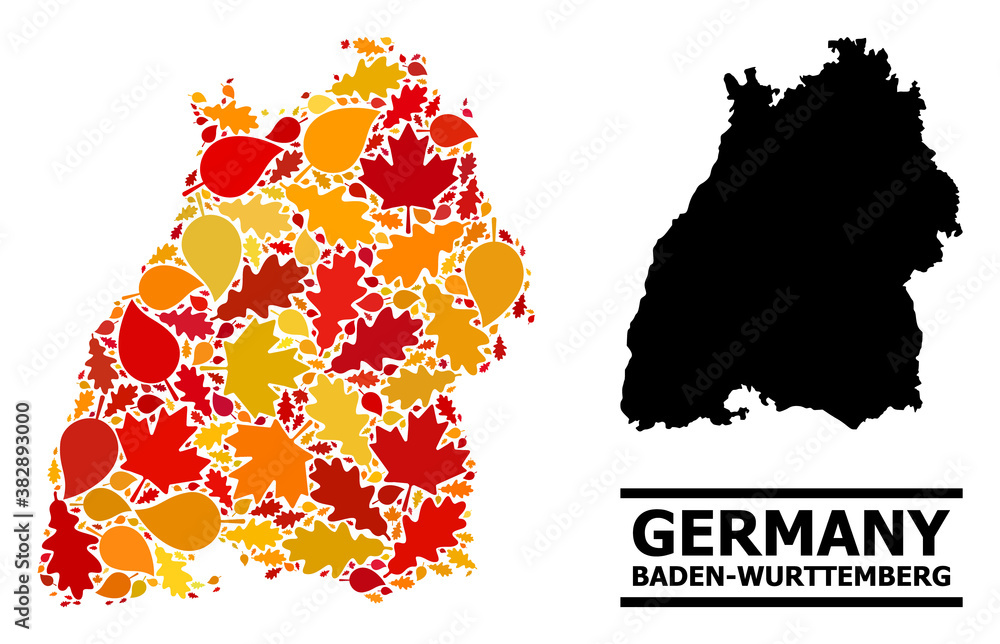 Obraz premium Mosaic autumn leaves and solid map of Baden-Wurttemberg State. Vector map of Baden-Wurttemberg State is made from randomized autumn maple and oak leaves. Abstract territorial scheme in bright gold,