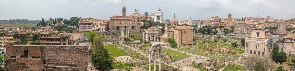 Ultra wide view of the ancient Roman Forum in Rome