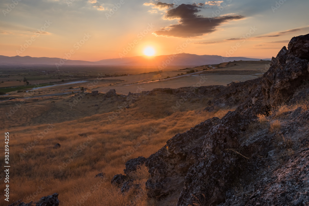 Rock formation landscape at sunset near Pamukkale, Denizli, Turkey