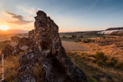 Rock formation landscape at sunset near Pamukkale, Denizli, Turkey