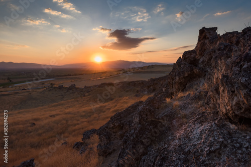 Rock formation landscape at sunset near Pamukkale, Denizli, Turkey