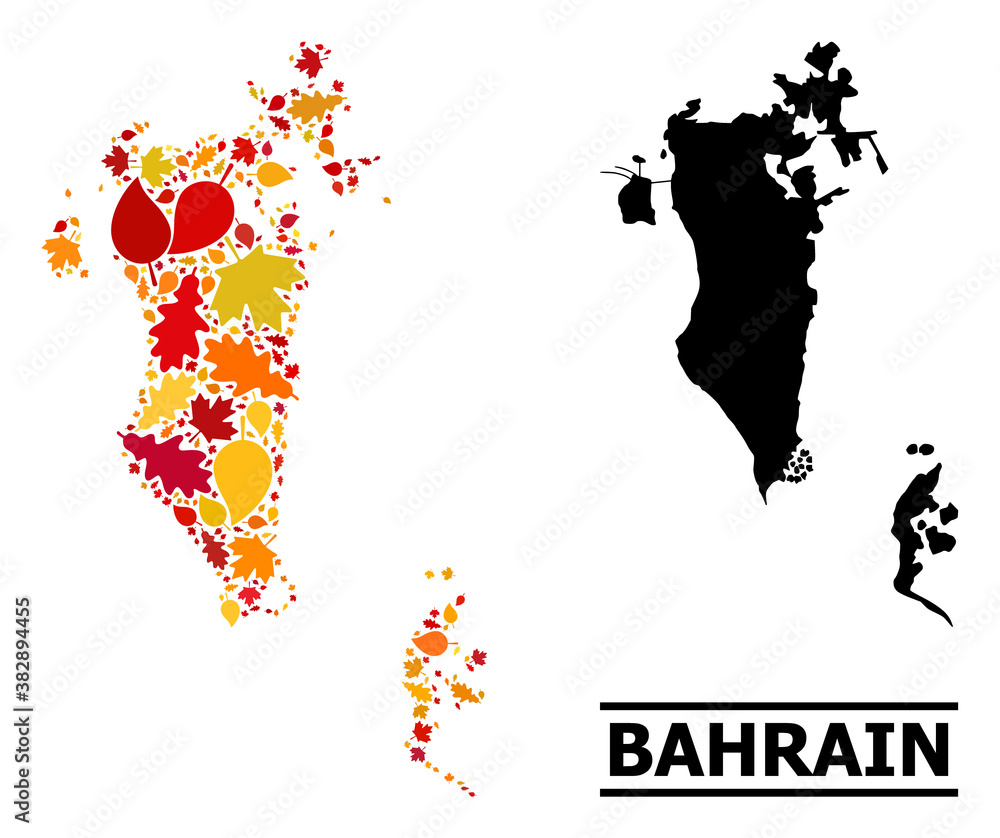 Mosaic autumn leaves and solid map of Bahrain. Vector map of Bahrain is done with randomized autumn maple and oak leaves. Abstract territory scheme in bright gold, red,