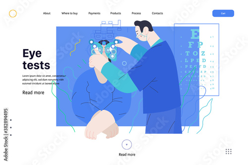 Medical tests template - c -modern flat vector concept digital illustration of eye test procedure -a female patient and a doctors with phoropter, ophthalmologic office