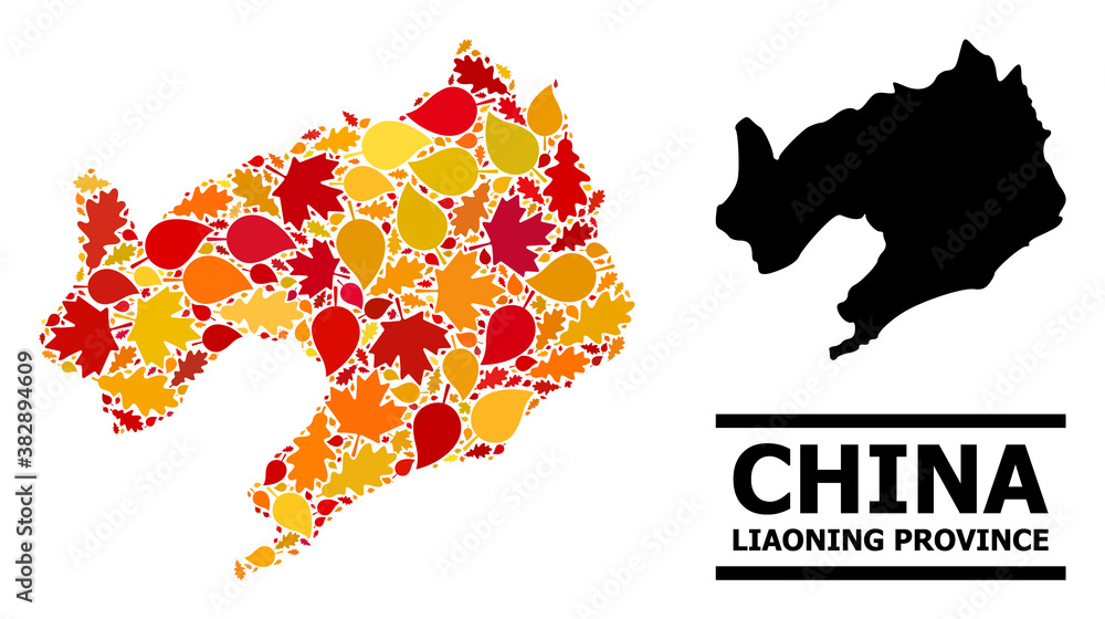 Mosaic autumn leaves and solid map of Liaoning Province. Vector map of Liaoning Province is made of scattered autumn maple and oak leaves. Abstract territorial scheme in bright gold, red,