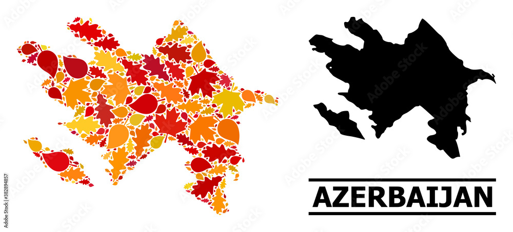 Mosaic autumn leaves and solid map of Azerbaijan. Vector map of Azerbaijan is formed with scattered autumn maple and oak leaves. Abstract geographic scheme in bright gold, red,