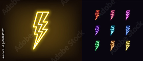 Neon lightning icon. Glowing neon electric thunderstorm sign, electrical discharge