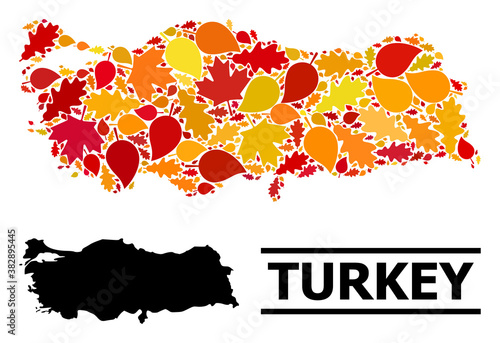 Mosaic autumn leaves and solid map of Turkey. Vector map of Turkey is composed from random autumn maple and oak leaves. Abstract geographic scheme in bright gold, red, brown colors for map of Turkey.