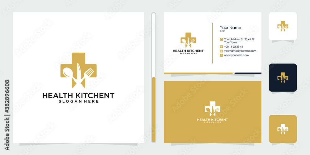 health kitchent logo design and business card template vector premium